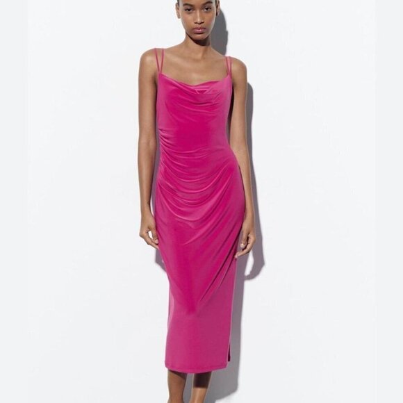 ZARA PINK STRAPPY MIDI DRESS - Picture 1 of 4